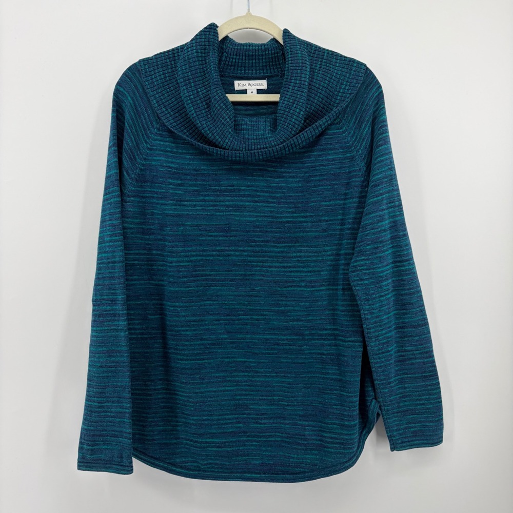 Kim Rogers Cowl Neck Sweater Teal Blue Women Size‎ M Space Dye Cotton Raglan